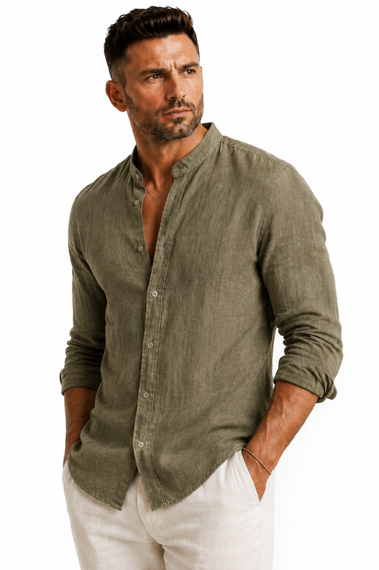 Blusa masculina de algodão e linho, verão, gola redonda