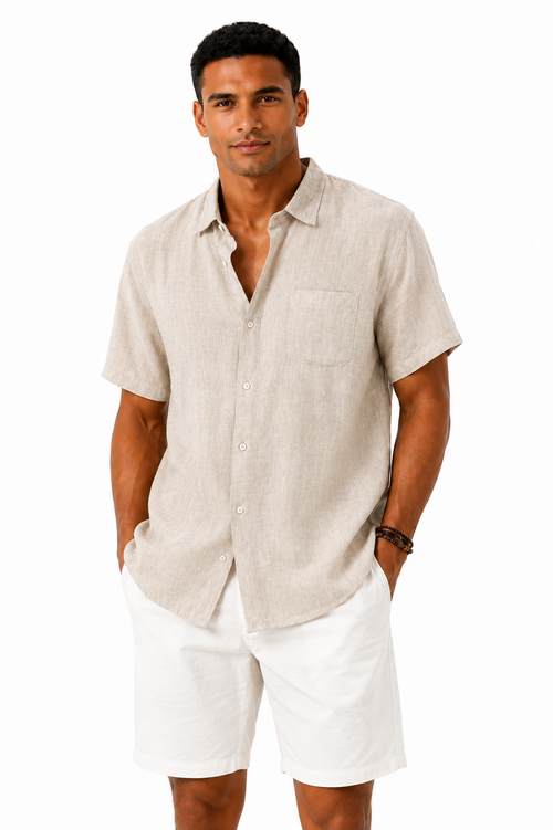 Camisas masculinas de algodão e linho, manga curta
