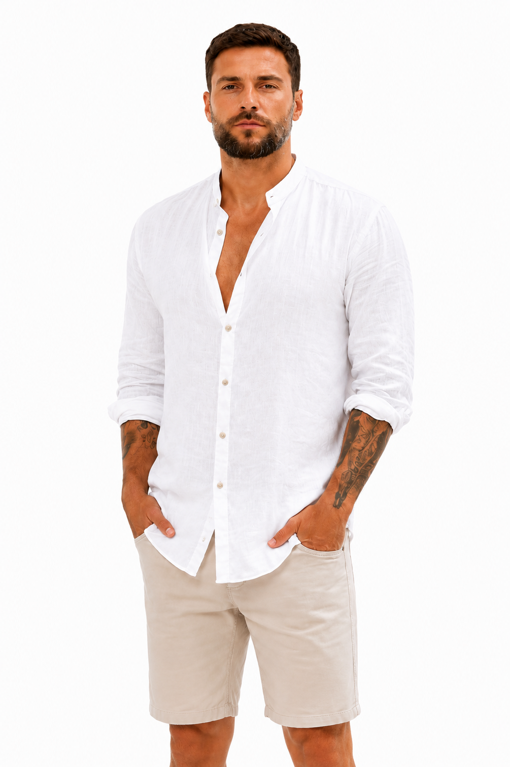 Camisas masculinas de manga comprida em algodão e linho