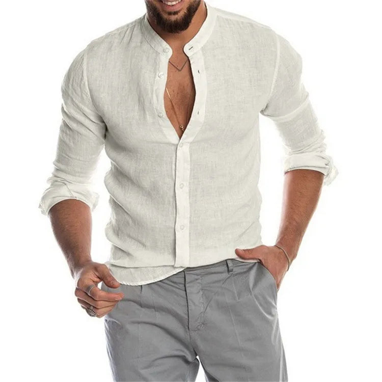 Blusa masculina de algodão e linho, verão, gola redonda