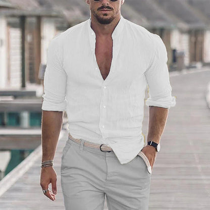 Camisa masculina de algodão e linho com gola mandarim