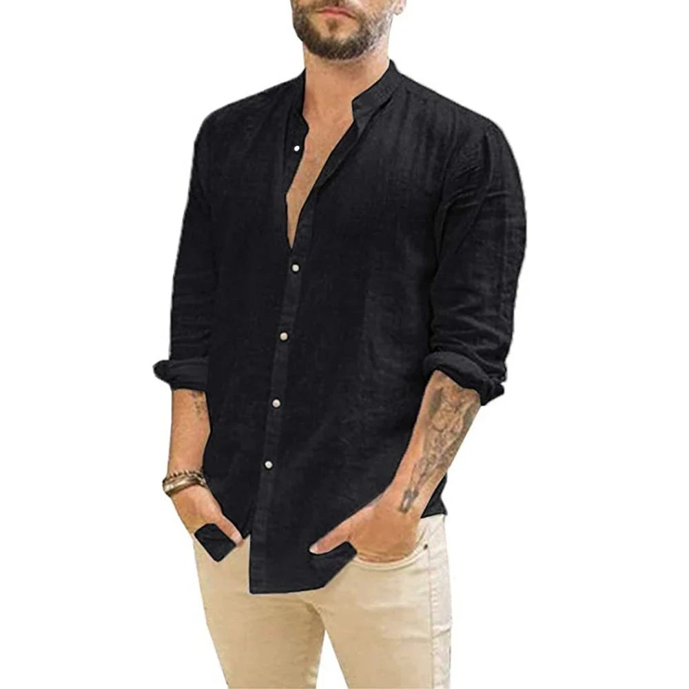 Camisas masculinas de manga comprida em algodão e linho