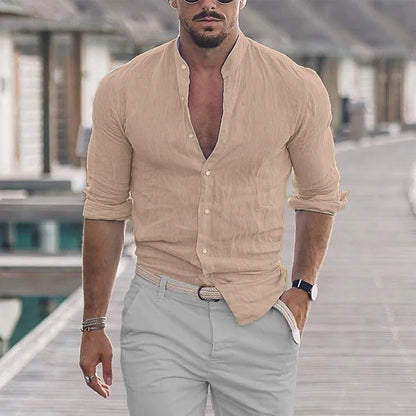 Camisa masculina de algodão e linho com gola mandarim