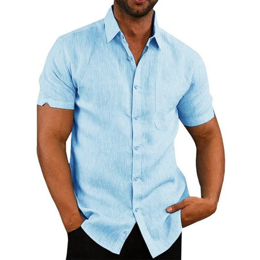 Camisas masculinas de manga curta em algodão e linho