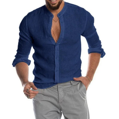 Blusa masculina de algodão e linho, verão, gola redonda