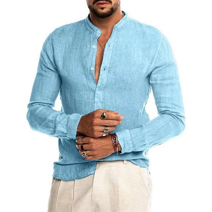 Blusa masculina de algodão e linho, verão, gola redonda