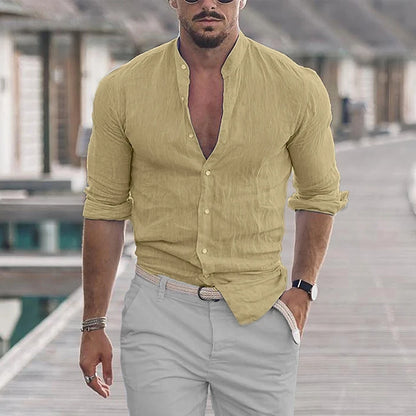 Camisa masculina de algodão e linho com gola mandarim