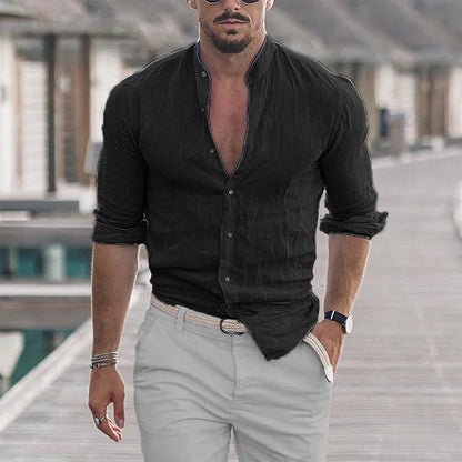 Camisa masculina de algodão e linho com gola mandarim