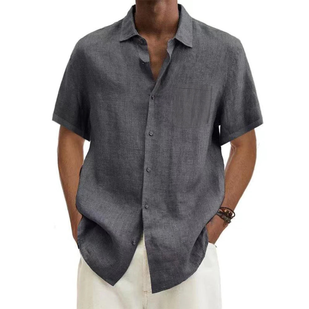 Camisas masculinas de algodão e linho, manga curta