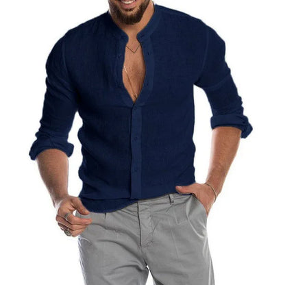 Blusa masculina de algodão e linho, verão, gola redonda