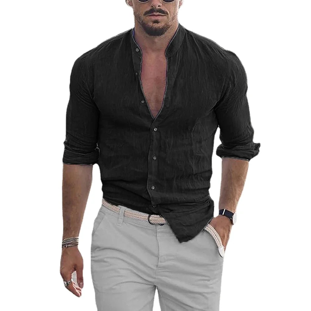 Camisa masculina de algodão e linho com gola mandarim