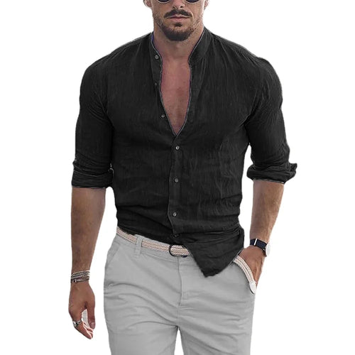 Camisa masculina de algodão e linho com gola mandarim