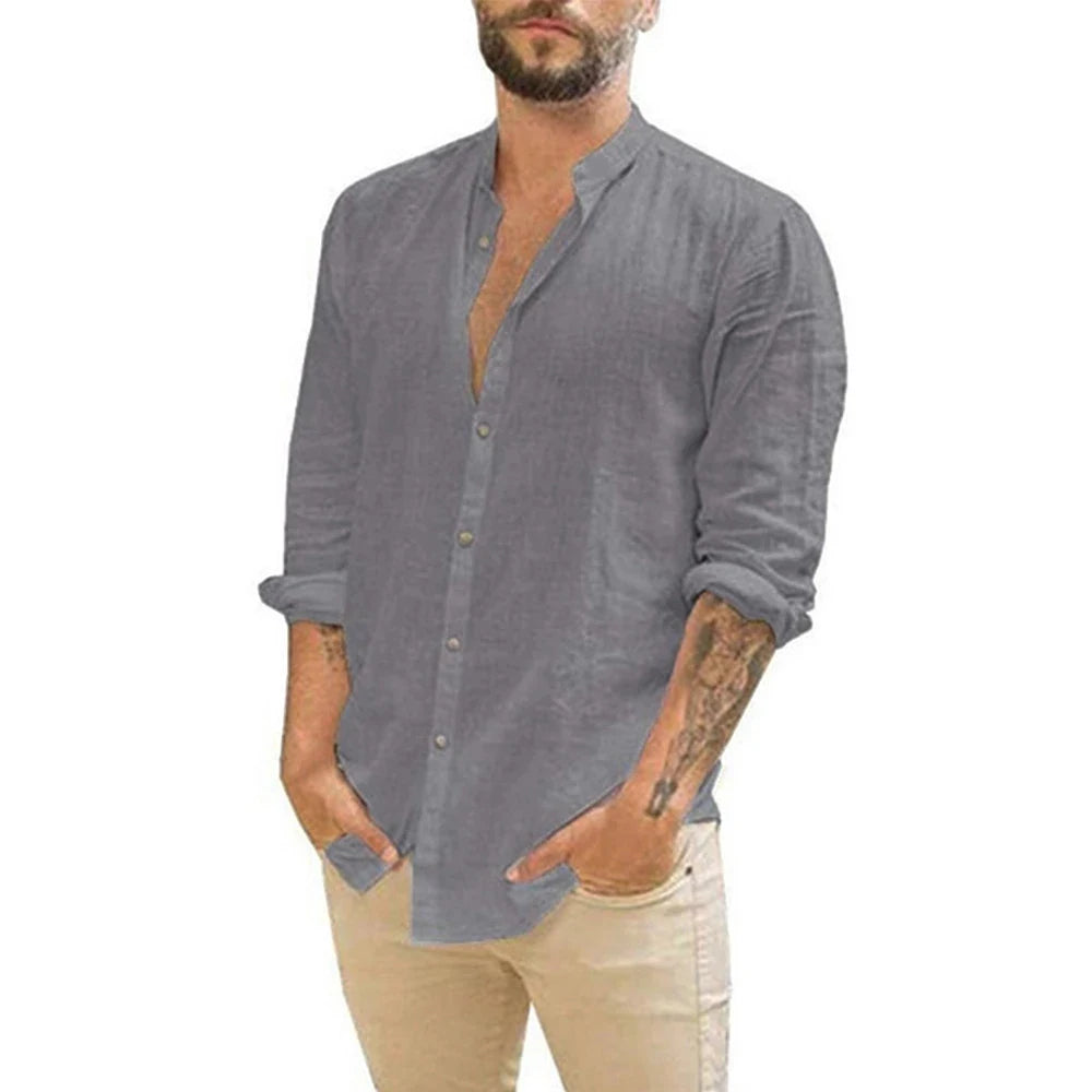 Camisas masculinas de manga comprida em algodão e linho