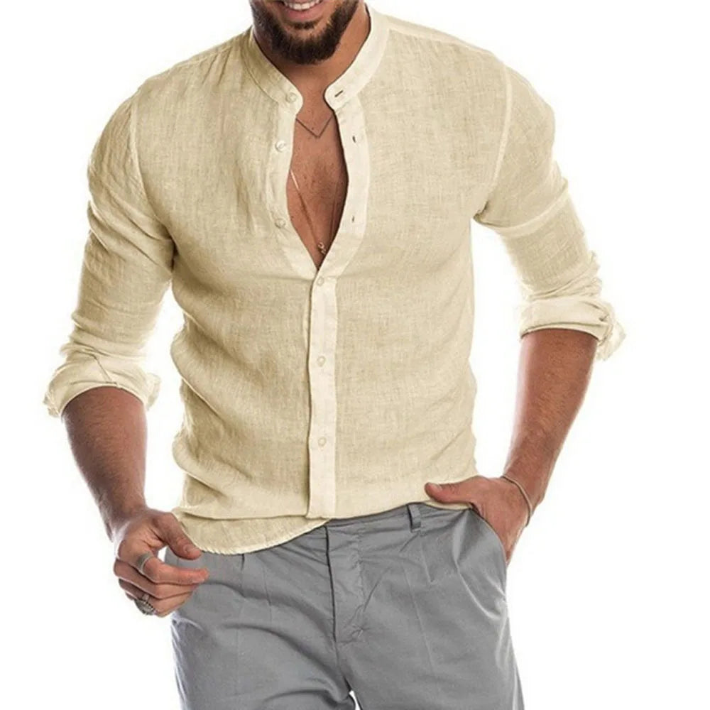 Blusa masculina de algodão e linho, verão, gola redonda