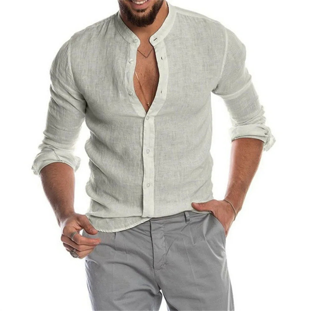 Blusa masculina de algodão e linho, verão, gola redonda