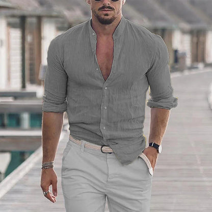 Camisa masculina de algodão e linho com gola mandarim