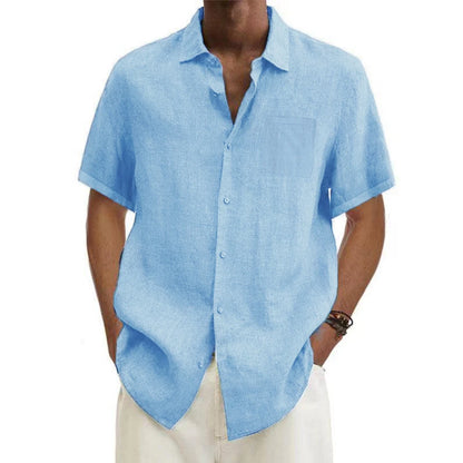 Camisas masculinas de algodão e linho, manga curta