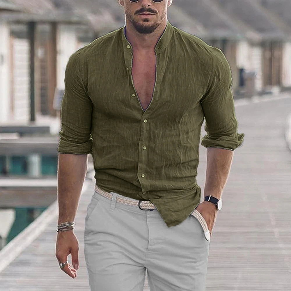 Camisa masculina de algodão e linho com gola mandarim