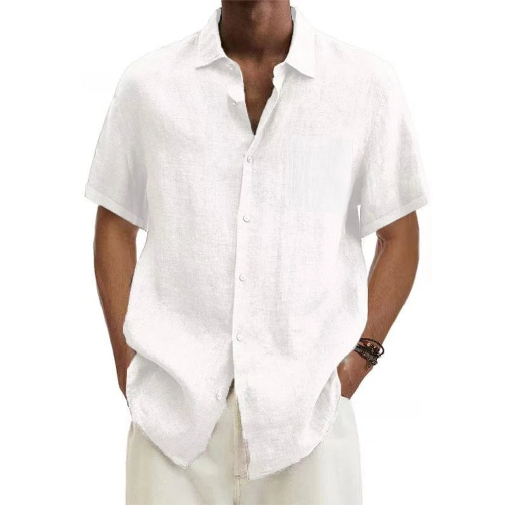 Camisas masculinas de algodão e linho, manga curta