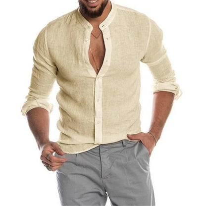 Blusa masculina de algodão e linho, verão, gola redonda