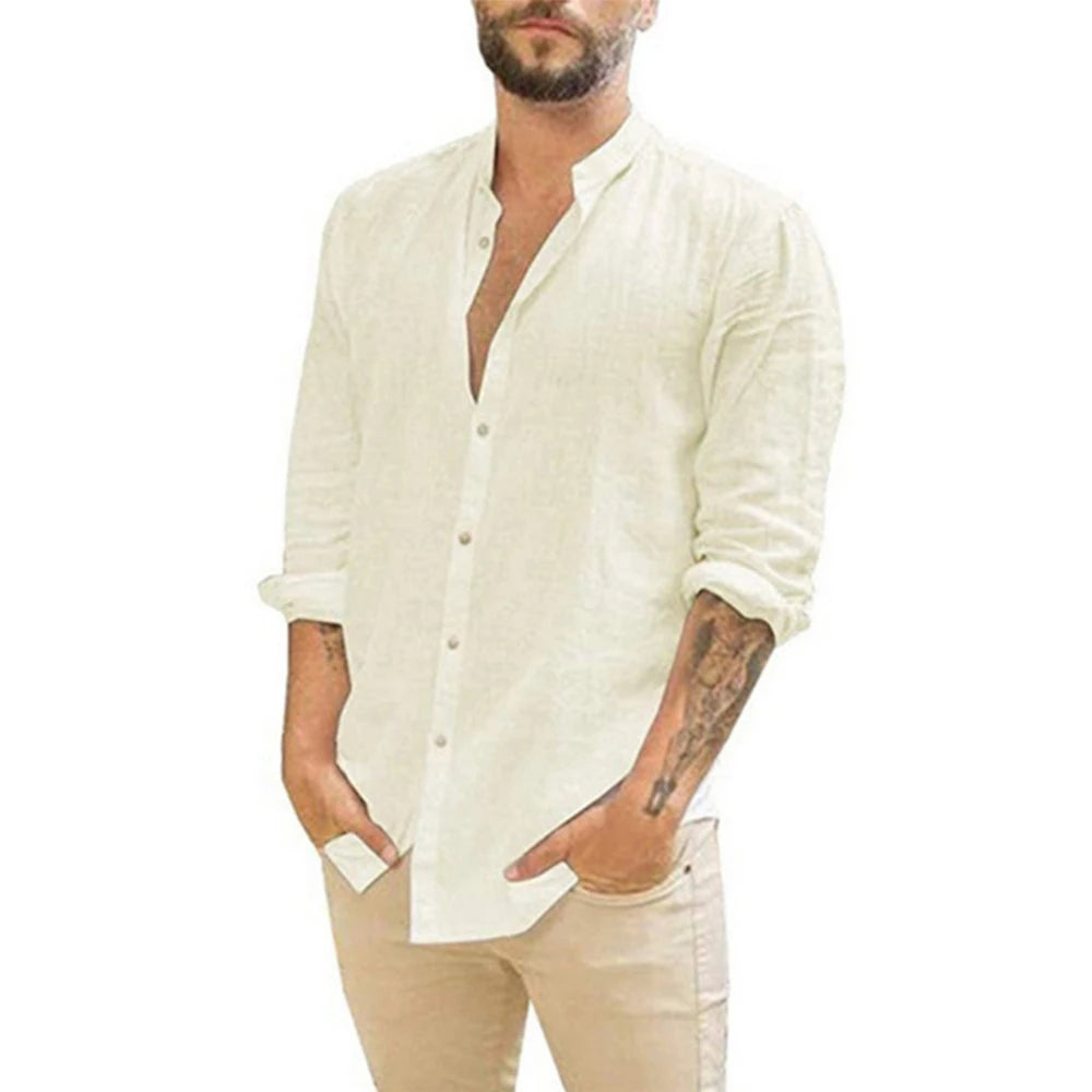 Camisas masculinas de manga comprida em algodão e linho