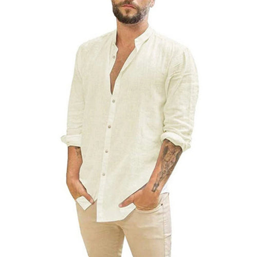 Camisas masculinas de manga comprida em algodão e linho