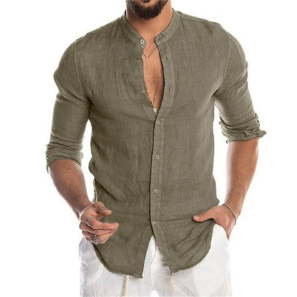 Blusa masculina de algodão e linho, verão, gola redonda