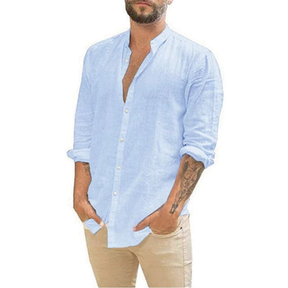 Camisas masculinas de manga comprida em algodão e linho