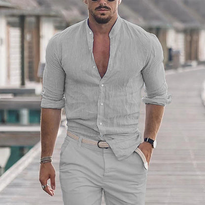 Camisa masculina de algodão e linho com gola mandarim
