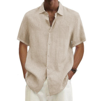 Camisas masculinas de algodão e linho, manga curta