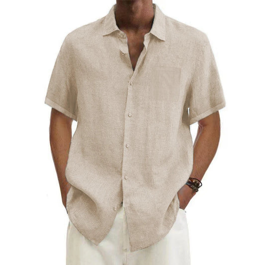 Camisas masculinas de algodão e linho, manga curta