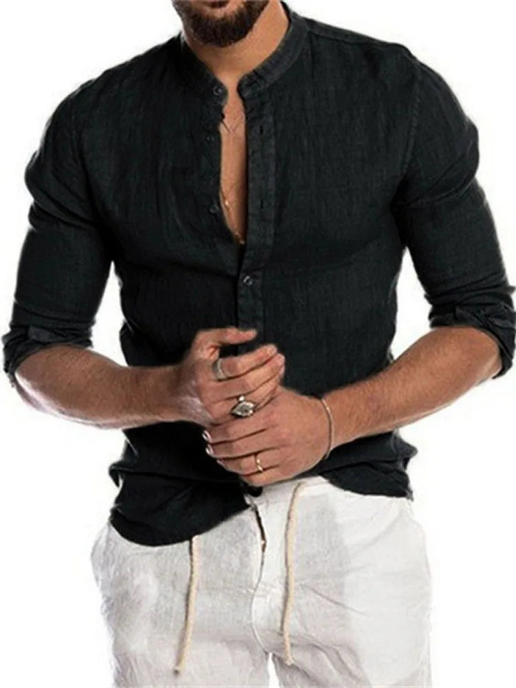 Blusa masculina de algodão e linho, verão, gola redonda
