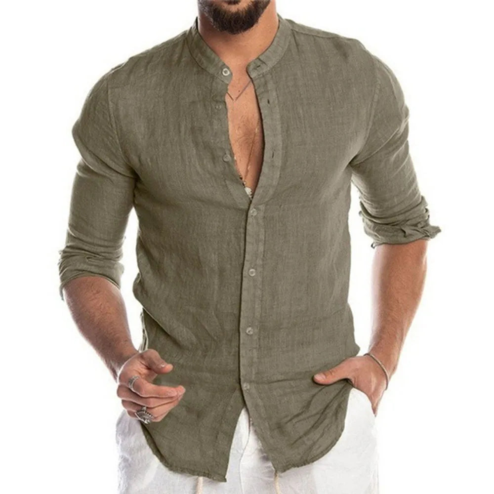 Blusa masculina de algodão e linho, verão, gola redonda