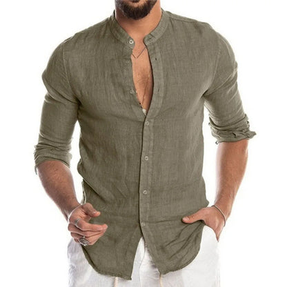 Blusa masculina de algodão e linho, verão, gola redonda