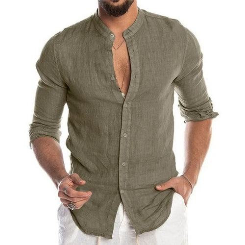 Blusa masculina de algodão e linho, verão, gola redonda