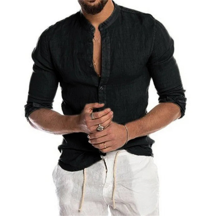 Blusa masculina de algodão e linho, verão, gola redonda