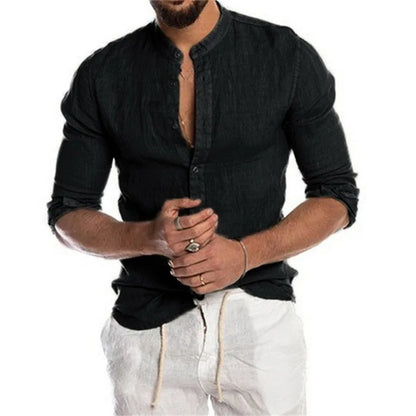 Blusa masculina de algodão e linho, verão, gola redonda